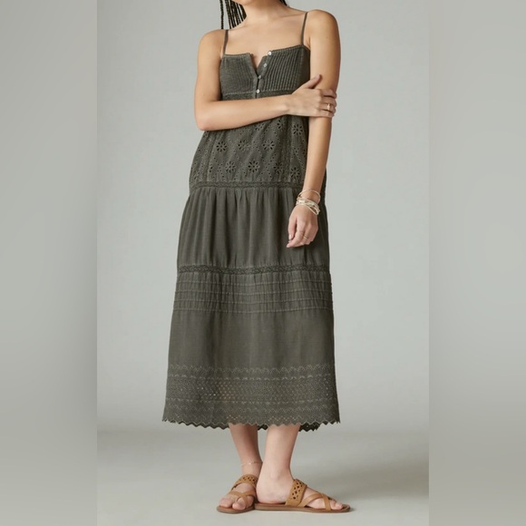 Lucky Brand Cutwork Paneled Maxi Dress - Charcoal - Midi Dress - Picture 1 of 10